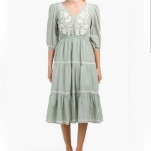 Lucky Brand Embroidered Prairie Midi Dress Sage Green Size S